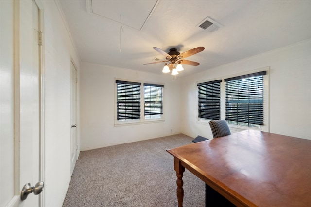 carpeted home office featuring ceiling fan, a wealth of natural light, and ornamental molding