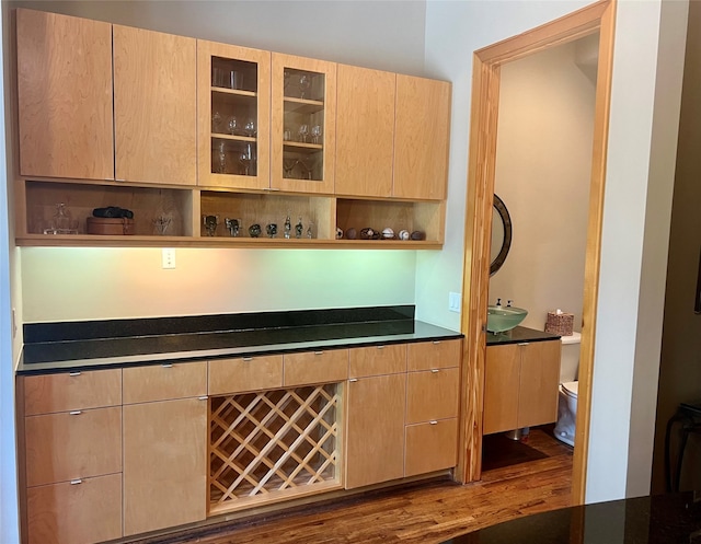 bar featuring light brown cabinetry, sink, and dark wood-type flooring