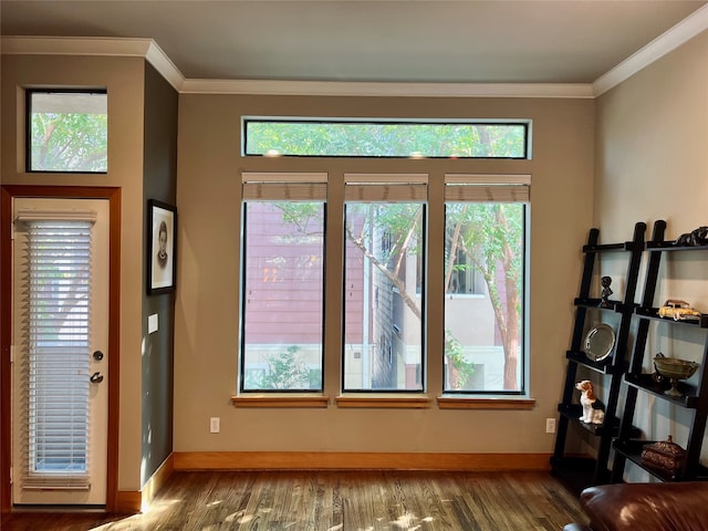 doorway to outside featuring crown molding and wood-type flooring