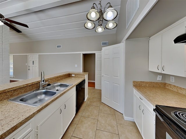 kitchen with white cabinetry, hanging light fixtures, sink, and black dishwasher