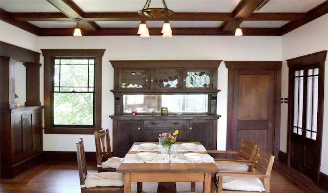 dining room with dark wood-type flooring, beam ceiling, and coffered ceiling