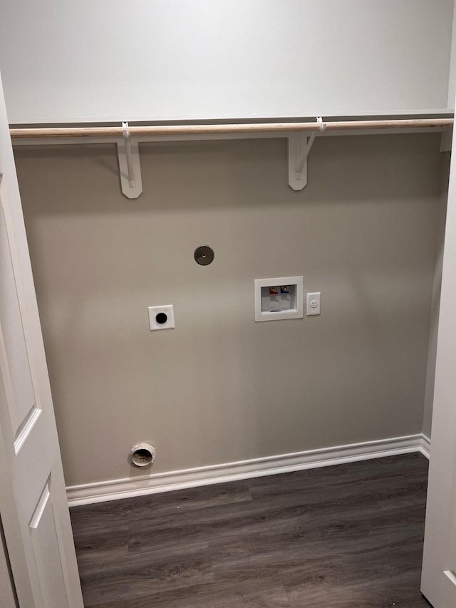 washroom featuring laundry area, baseboards, hookup for a washing machine, dark wood-type flooring, and electric dryer hookup