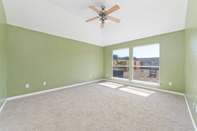 unfurnished room with ceiling fan and carpet flooring