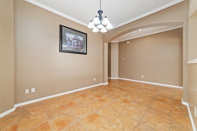 empty room with a notable chandelier and ornamental molding