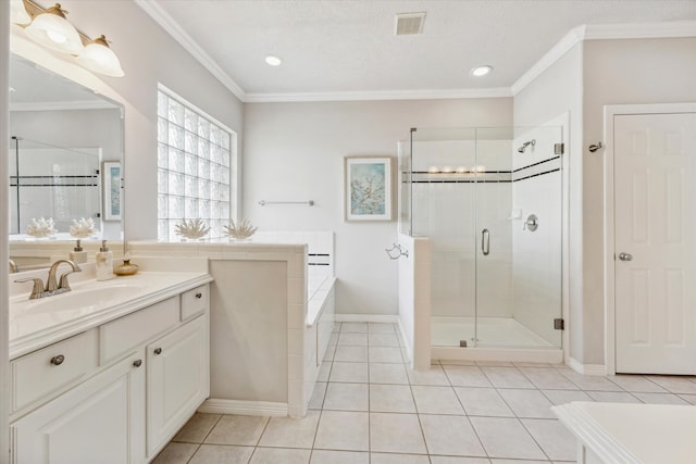 bathroom featuring vanity, crown molding, tile patterned flooring, a textured ceiling, and independent shower and bath