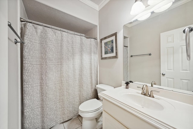 bathroom featuring tile patterned flooring, vanity, toilet, and crown molding