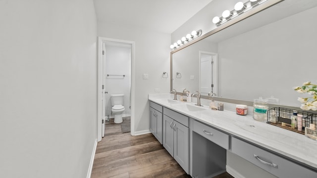 bathroom with toilet, hardwood / wood-style flooring, and vanity