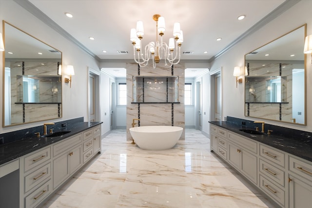 bathroom featuring vanity, a notable chandelier, and separate shower and tub