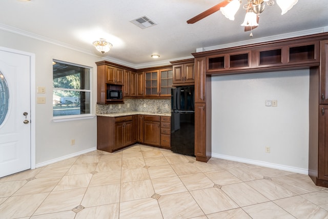 kitchen with backsplash, black appliances, ornamental molding, and ceiling fan