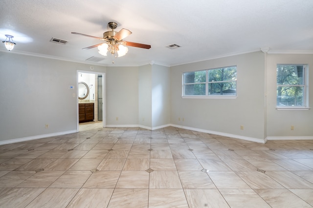 unfurnished room with crown molding and ceiling fan