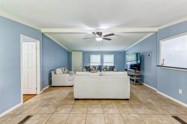 living room featuring crown molding, light tile patterned flooring, and ceiling fan