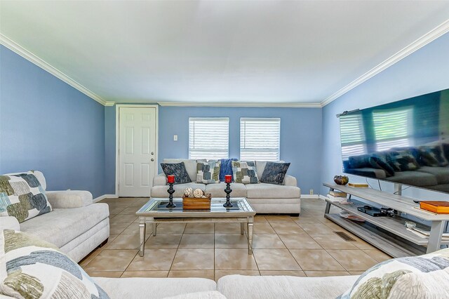 tiled living room with ornamental molding