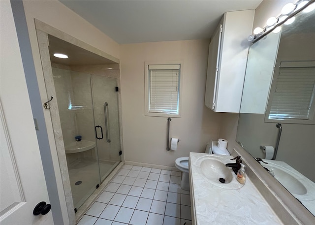 bathroom featuring tile patterned flooring, vanity, a shower with door, and toilet