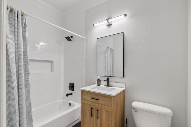 full bathroom with ornamental molding, vanity, toilet, and shower / bath combo