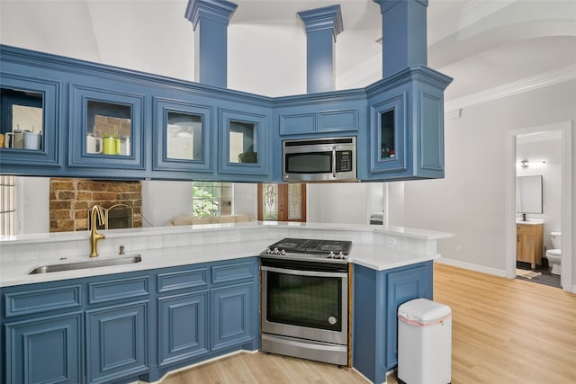 kitchen featuring light wood-type flooring, appliances with stainless steel finishes, blue cabinetry, and sink