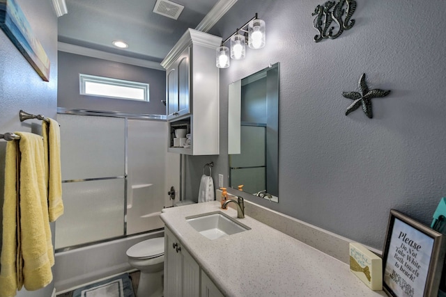 full bathroom featuring vanity, toilet, ornamental molding, and shower / bath combination with glass door