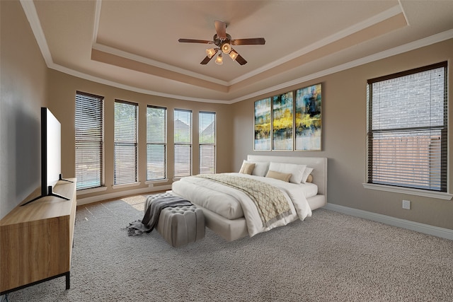 bedroom with a raised ceiling, ceiling fan, and carpet