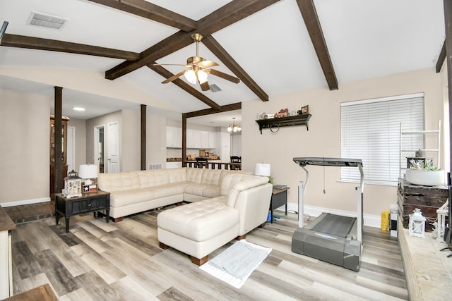 living room with light hardwood / wood-style flooring, ceiling fan with notable chandelier, and vaulted ceiling with beams