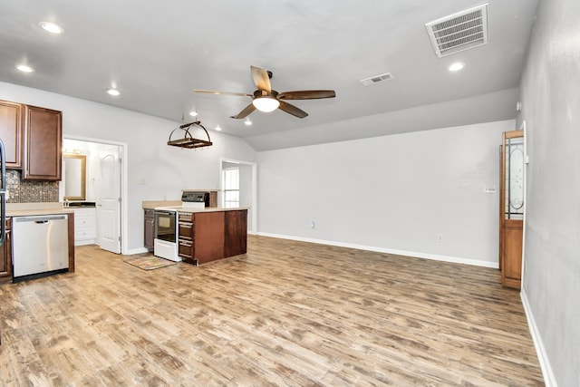 kitchen with dishwasher, electric stove, and light wood-type flooring