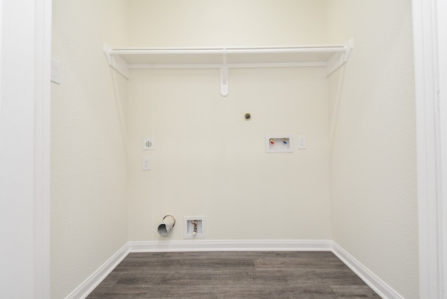 clothes washing area with hookup for a washing machine, gas dryer hookup, hookup for an electric dryer, and dark hardwood / wood-style floors