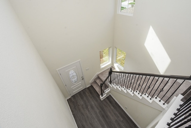 staircase with a towering ceiling and hardwood / wood-style floors