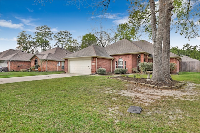 ranch-style house with a garage and a front lawn