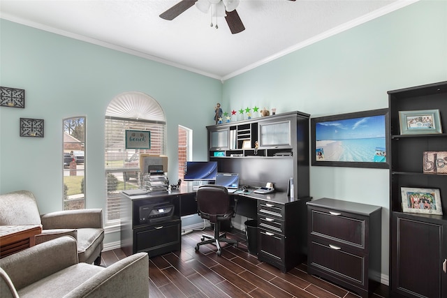 office area featuring crown molding, ceiling fan, and dark hardwood / wood-style floors