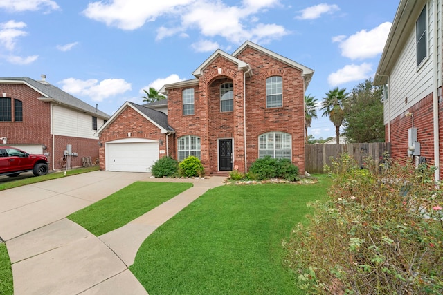 view of property with a front lawn and a garage