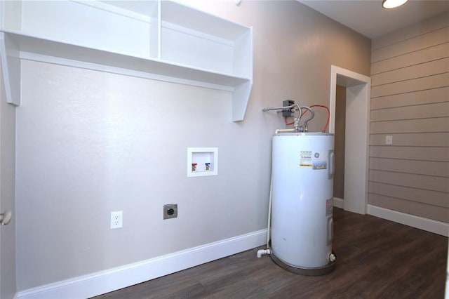 laundry room with hookup for a washing machine, water heater, dark hardwood / wood-style flooring, and hookup for an electric dryer