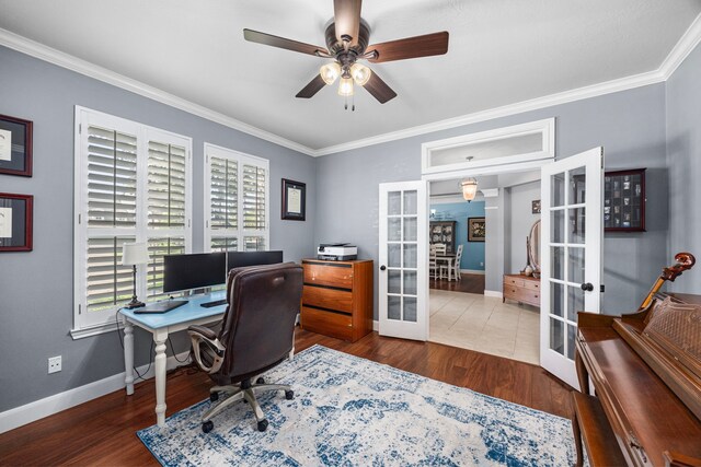 office area featuring dark hardwood / wood-style flooring, french doors, ceiling fan, and crown molding