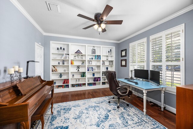 office area featuring ornamental molding, dark wood-type flooring, and ceiling fan