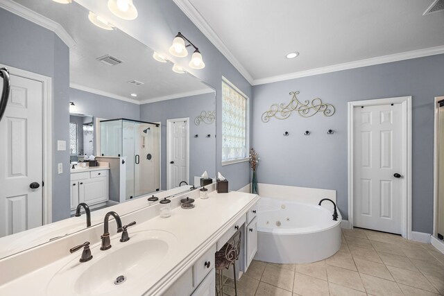 bathroom featuring ornamental molding, vanity, tile patterned floors, and plus walk in shower