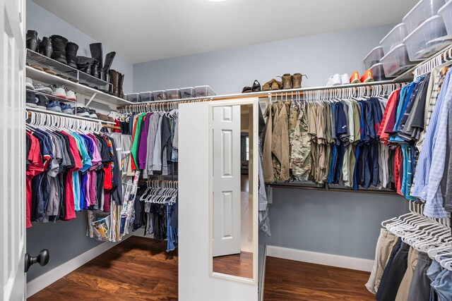 spacious closet with dark hardwood / wood-style floors