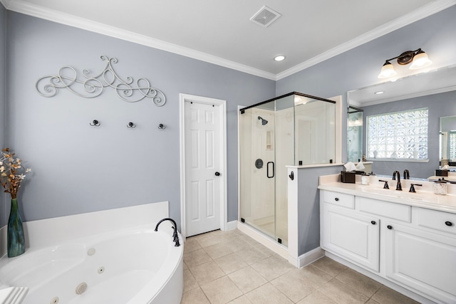 bathroom with tile patterned flooring, shower with separate bathtub, crown molding, and vanity