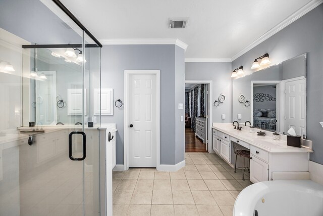 bathroom featuring vanity, plus walk in shower, tile patterned flooring, and ornamental molding