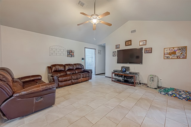 tiled living room with high vaulted ceiling and ceiling fan