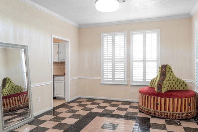 living area with crown molding