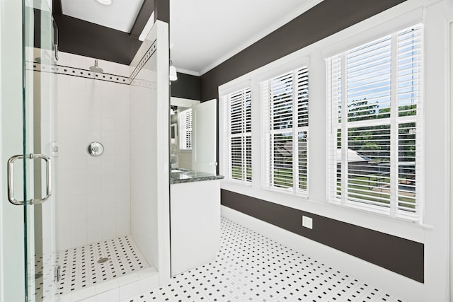 bathroom featuring crown molding, plenty of natural light, and a shower with door