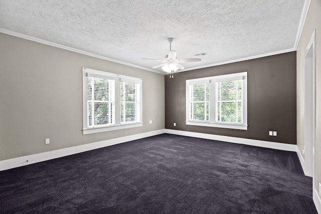 carpeted spare room featuring ornamental molding, a wealth of natural light, and a textured ceiling