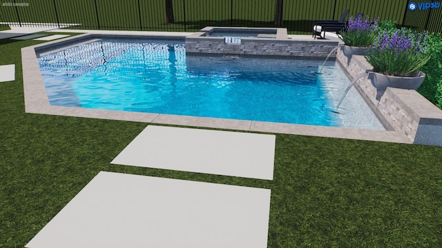 view of swimming pool with an in ground hot tub, a patio, and a lawn