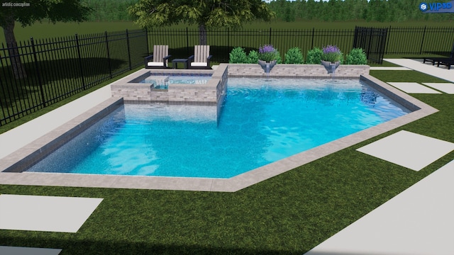 view of pool featuring a lawn