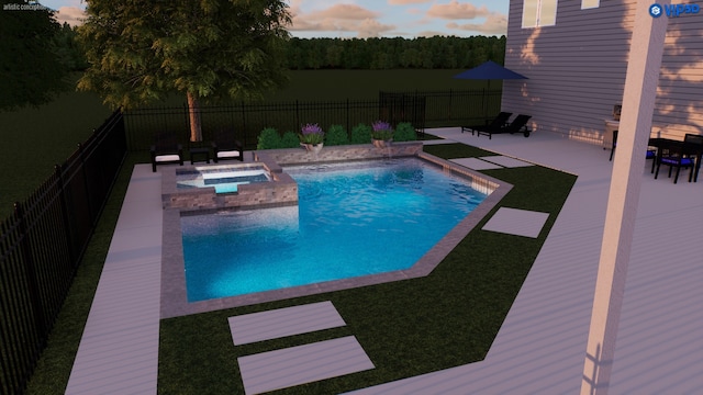 pool at dusk with an in ground hot tub, a patio, and a lawn