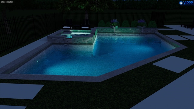 view of swimming pool featuring an in ground hot tub and a patio