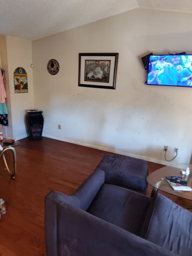 living room featuring lofted ceiling, wood-type flooring, and a textured ceiling