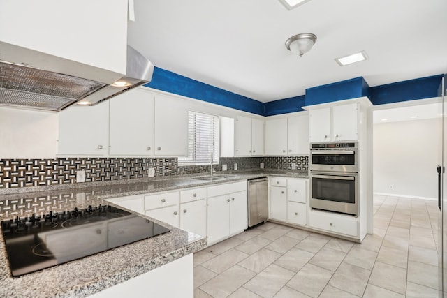 kitchen with white cabinets, sink, island exhaust hood, stainless steel appliances, and decorative backsplash