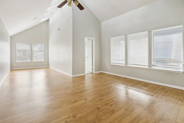 unfurnished living room featuring high vaulted ceiling, light wood-type flooring, and ceiling fan