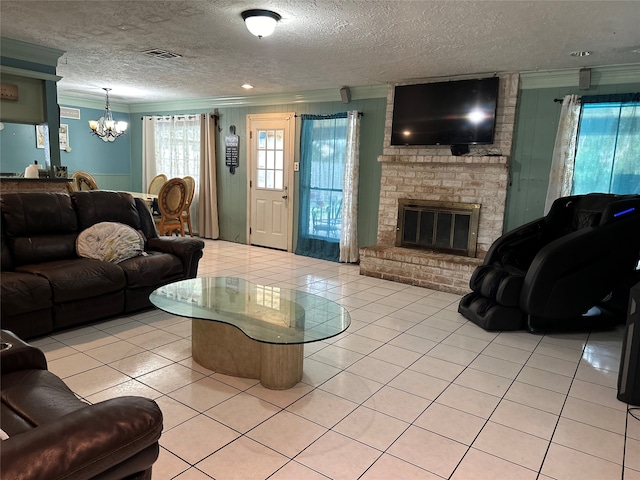 living room featuring a brick fireplace, crown molding, and light tile patterned floors