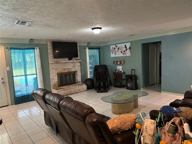 12419 Longbrook Dr, Houston, TX 77099 - living room with crown molding, visible vents, a brick fireplace, light tile patterned flooring, and wooden walls