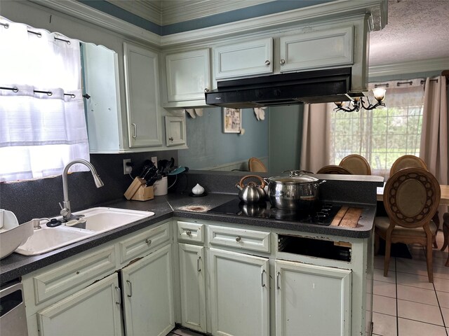 12419 Longbrook Dr, Houston, TX 77099 - kitchen featuring dark countertops, a sink, a peninsula, light tile patterned floors, and under cabinet range hood
