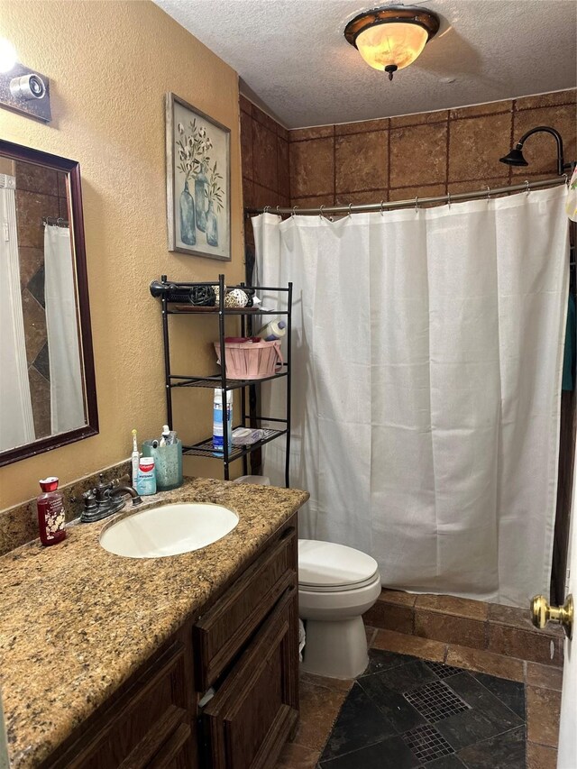 12419 Longbrook Dr, Houston, TX 77099 - bathroom with vanity, stone tile floors, a textured wall, toilet, and a textured ceiling